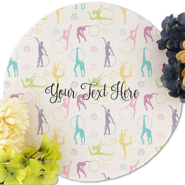 Gymnastics with Name/Text Round Linen Placemats - Front (w flowers)