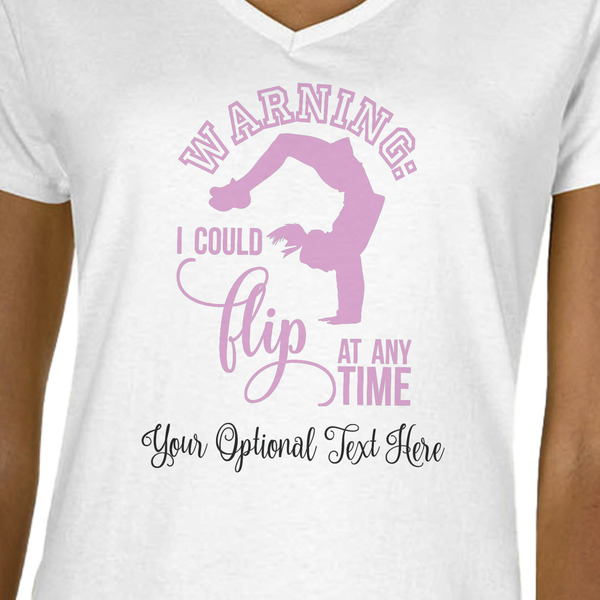 Gymnastics with Name/Text White V-Neck T-Shirt on Model - CloseUp