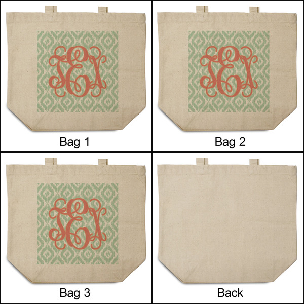 Monogram 3 Reusable Cotton Grocery Bags - Front & Back View