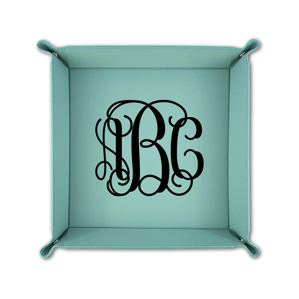 Monogram 6" x 6" Teal Leatherette Snap Up Tray - FOLDED UP