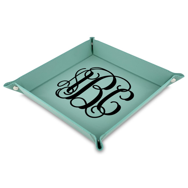 Custom Monogram Faux Leather Dice Tray - 9" x 9"  - Teal