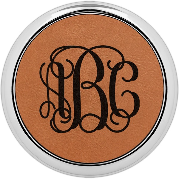 Custom Monogram Leatherette Round Coaster w/ Silver Edge
