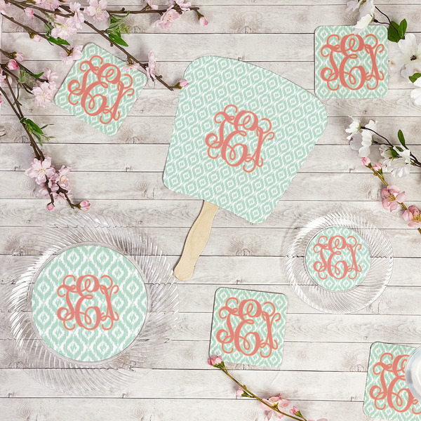 Monogram Party Supplies Combination Image - All items - Plates, Coasters, Fans
