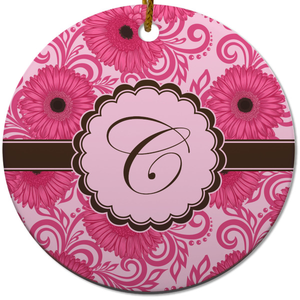 Custom Gerbera Daisy Round Ceramic Ornament w/ Initial
