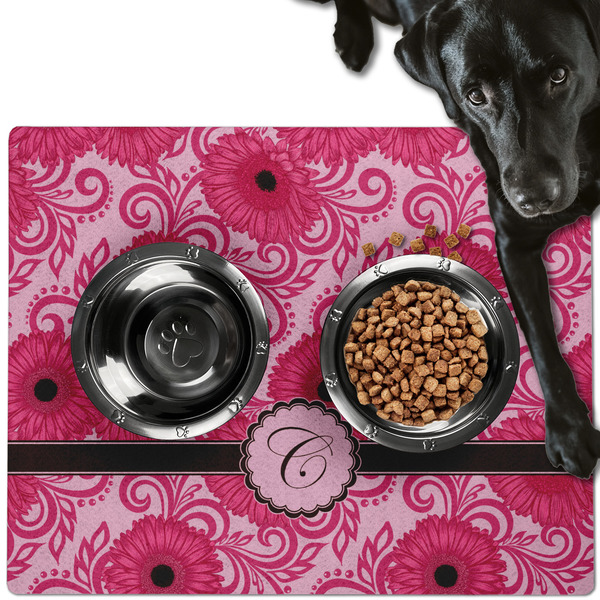 Custom Gerbera Daisy Dog Food Mat - Large w/ Initial