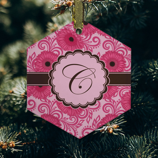 Gerbera Daisy Frosted Glass Ornament - Hexagon (Lifestyle)