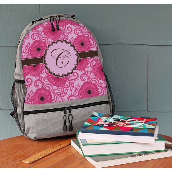 Gerbera Daisy Large Backpack - Gray - On Desk