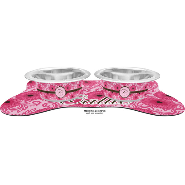 Gerbera Daisy Metal Pet Bowls - On Dog Bone Shaped Mat