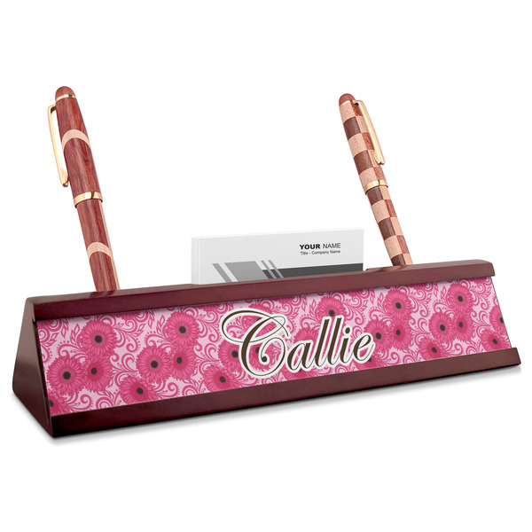 Custom Gerbera Daisy Red Mahogany Nameplate with Business Card Holder (Personalized)