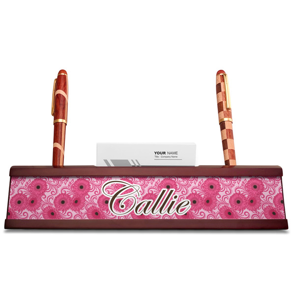 Gerbera Daisy Red Mahogany Nameplates with Business Card Holder - Straight