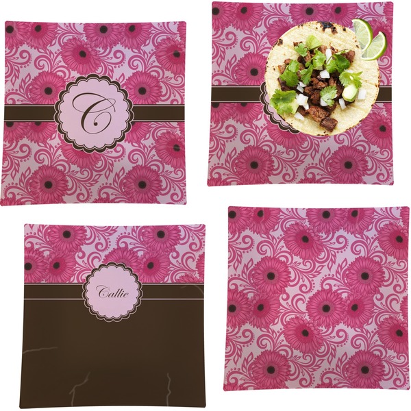 Custom Gerbera Daisy Set of 4 Glass Square Lunch / Dinner Plate 9.5" (Personalized)