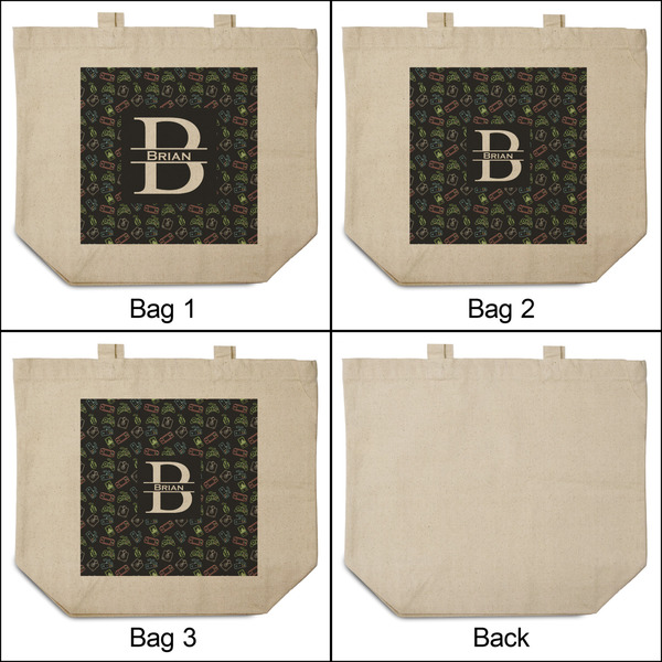 Video Game 3 Reusable Cotton Grocery Bags - Front & Back View