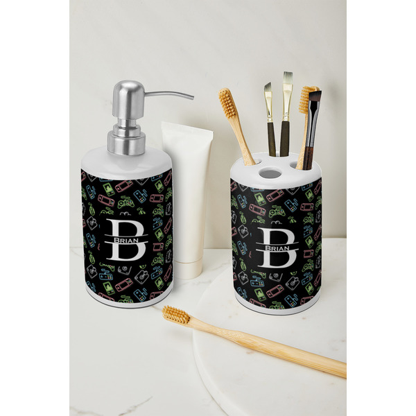 Video Game Ceramic Bathroom Accessories - LIFESTYLE (toothbrush holder & soap dispenser)