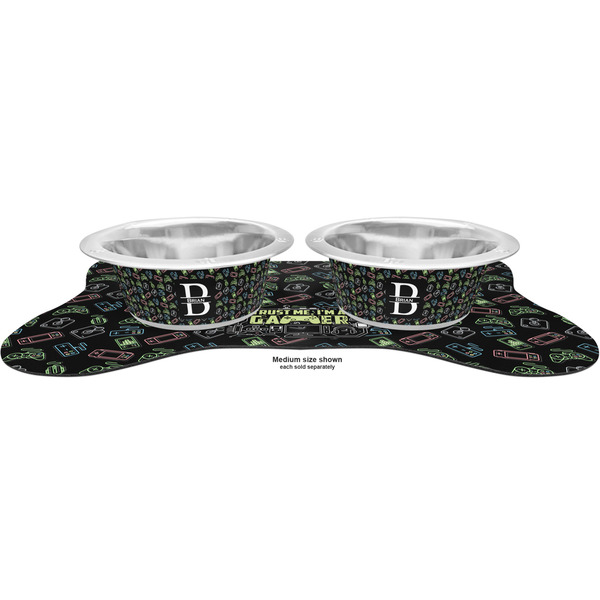 Video Game Metal Pet Bowls - On Dog Bone Shaped Mat
