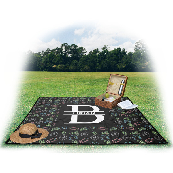 Video Game Picnic Blanket - with Basket Hat and Book - in Use