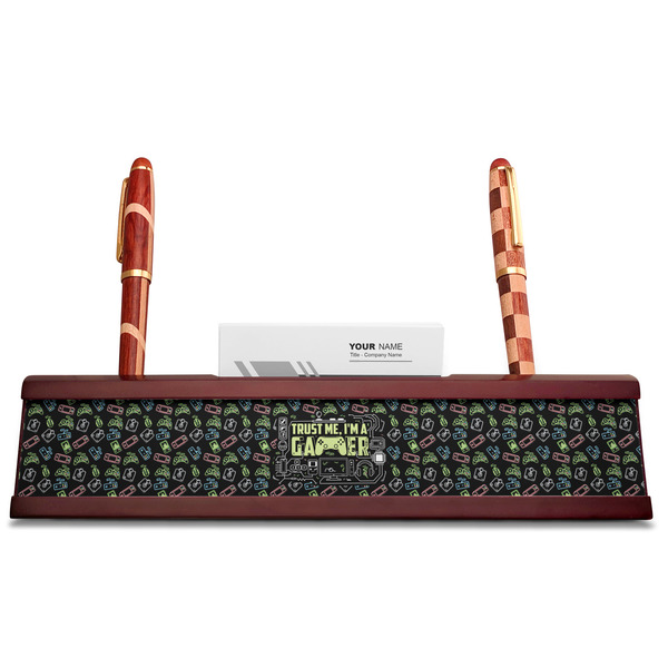 Video Game Red Mahogany Nameplates with Business Card Holder - Straight