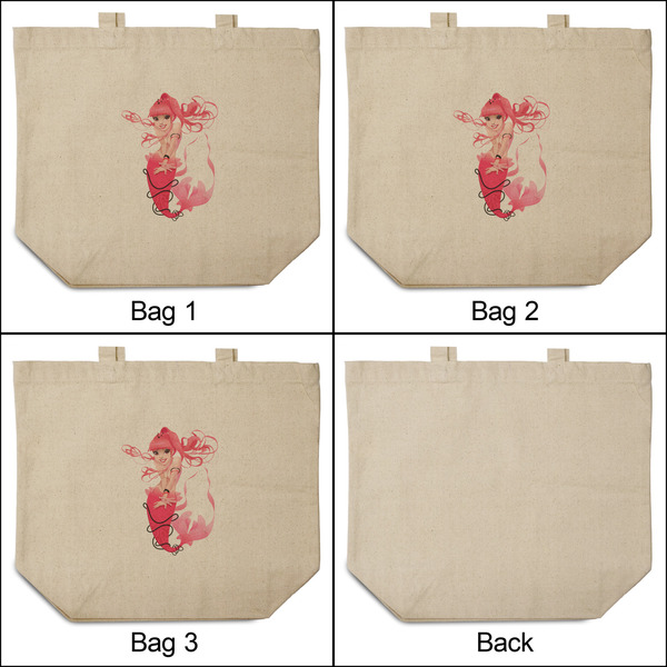 Mermaid 3 Reusable Cotton Grocery Bags - Front & Back View