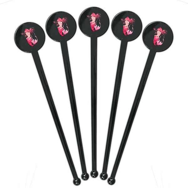 Mermaid Black Plastic 7" Stir Stick - Round - Fan View