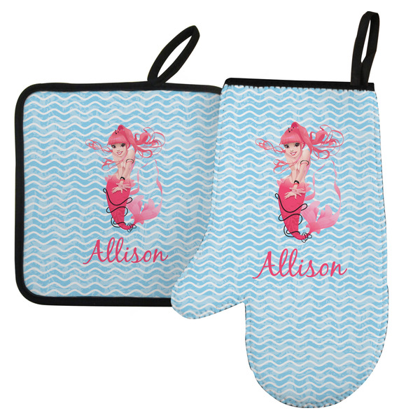 Custom Mermaid Left Oven Mitt & Pot Holder Set w/ Name or Text