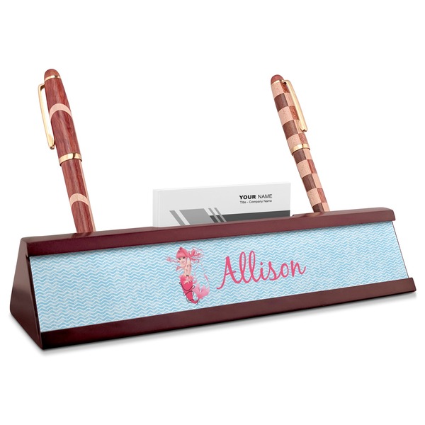 Custom Mermaid Red Mahogany Nameplate with Business Card Holder (Personalized)