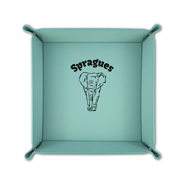Elephant 6" x 6" Teal Leatherette Snap Up Tray - FOLDED UP