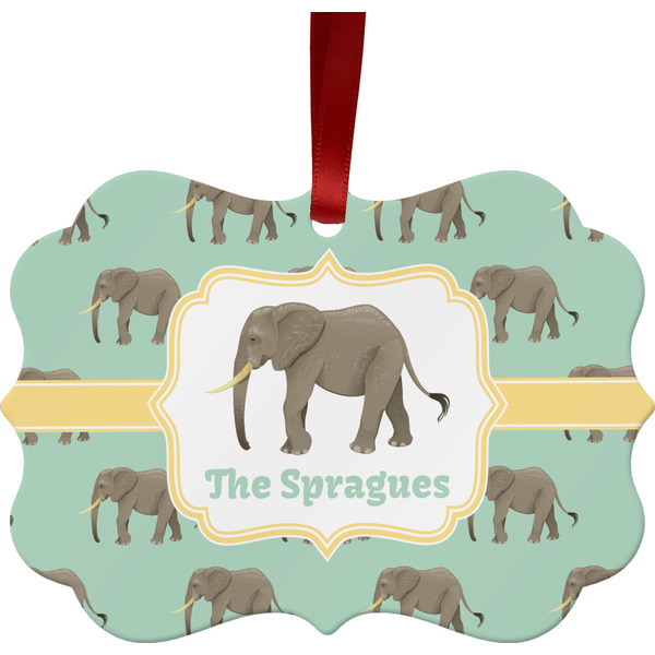 Custom Elephant Metal Frame Ornament - Double Sided w/ Name or Text
