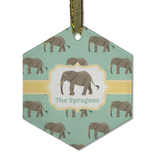 Custom Elephant Flat Glass Ornament - Hexagon w/ Name or Text