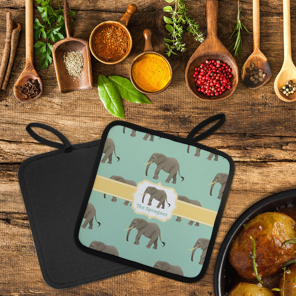 Elephant Neoprene Pot Holder - Set of 2  LIFESTYLE (Flatlay)