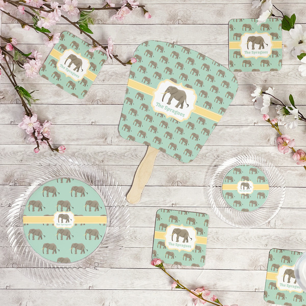 Elephant Party Supplies Combination Image - All items - Plates, Coasters, Fans