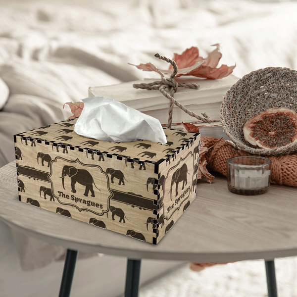 Elephant Rectangle Tissue Box Covers - Wood - In Context