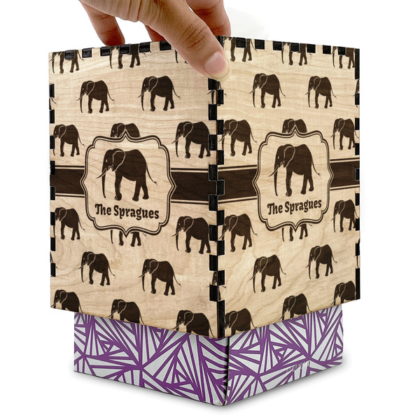 Elephant Square Tissue Box Covers - Wood - with box