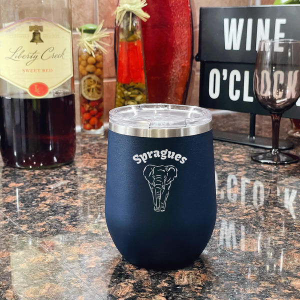 Elephant Stainless Wine Tumblers - Navy - Double Sided - In Context