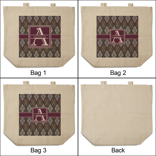 Knit Argyle 3 Reusable Cotton Grocery Bags - Front & Back View