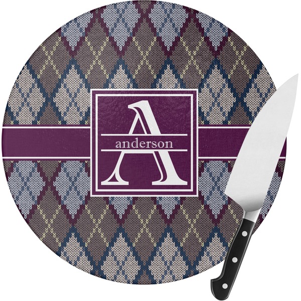 Custom Knit Argyle Round Glass Cutting Board - Small (Personalized)