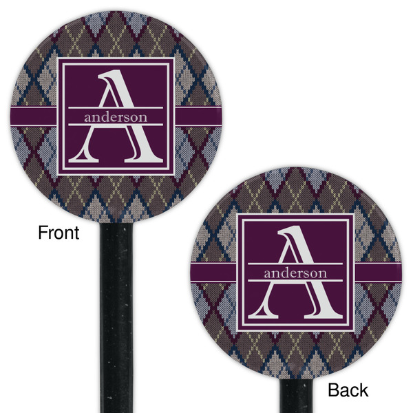 Knit Argyle Black Plastic 5.5" Stir Stick - Double Sided - Round - Front & Back