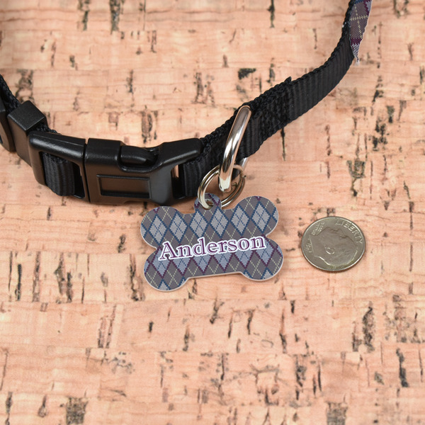 Knit Argyle Bone Shaped Dog ID Tag - Small - In Context