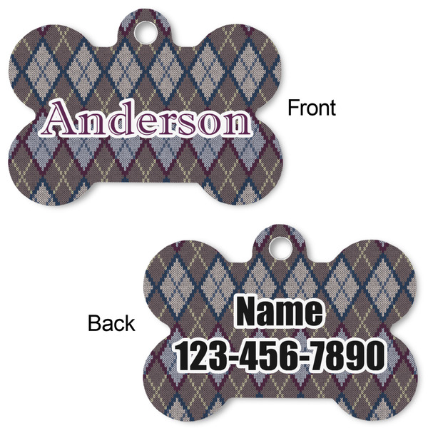 Knit Argyle Bone Shaped Dog Tag - Front & Back