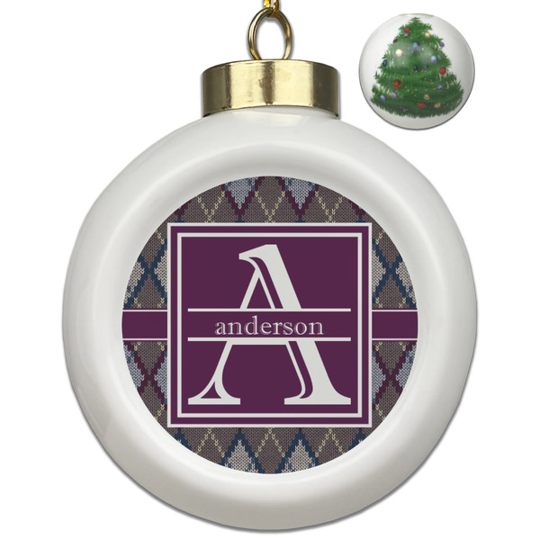 Custom Knit Argyle Ceramic Ball Ornament - Christmas Tree (Personalized)