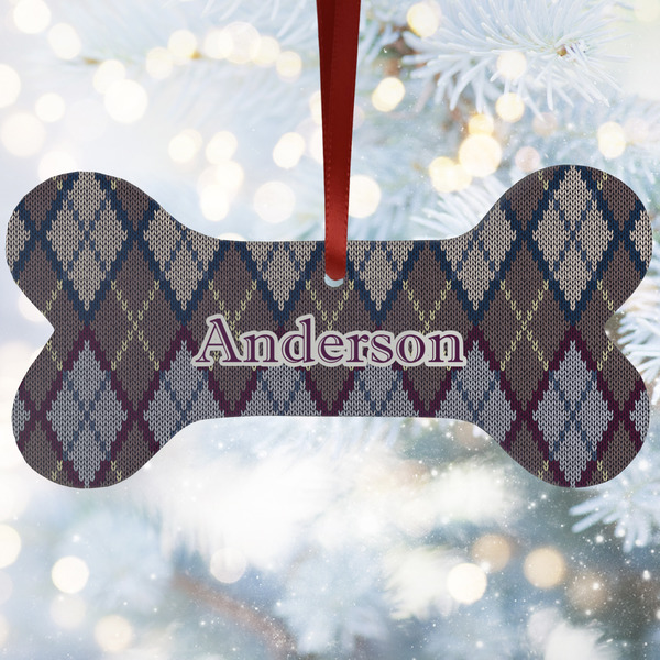 Custom Knit Argyle Ceramic Dog Ornament w/ Name and Initial