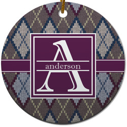 Knit Argyle Round Ceramic Ornament w/ Name and Initial