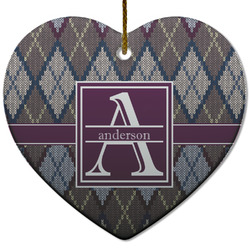 Knit Argyle Heart Ceramic Ornament w/ Name and Initial