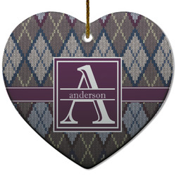 Knit Argyle Heart Ceramic Ornament w/ Name and Initial