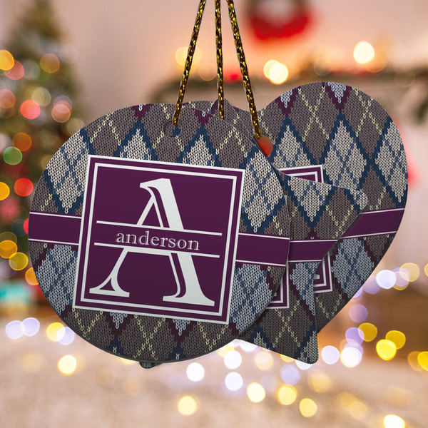 Custom Knit Argyle Ceramic Ornament w/ Name and Initial
