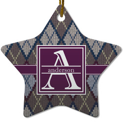 Knit Argyle Star Ceramic Ornament w/ Name and Initial