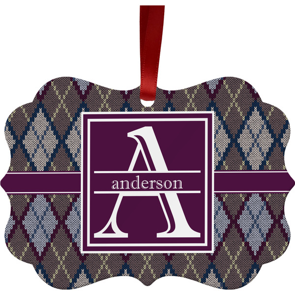 Custom Knit Argyle Metal Frame Ornament - Double Sided w/ Name and Initial