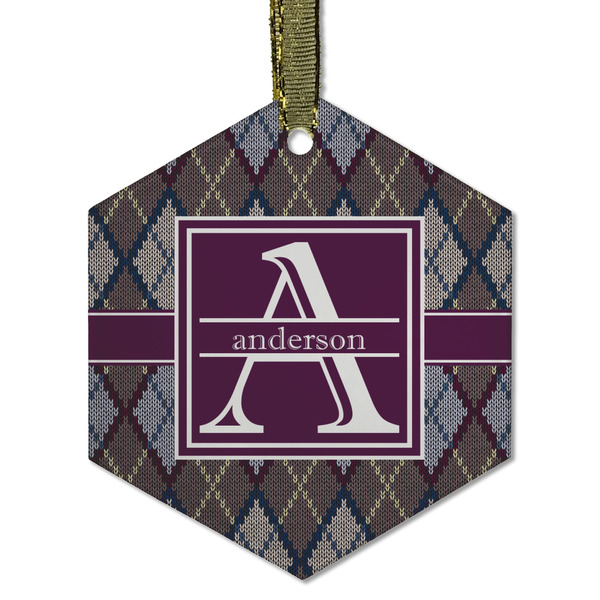Custom Knit Argyle Flat Glass Ornament - Hexagon w/ Name and Initial