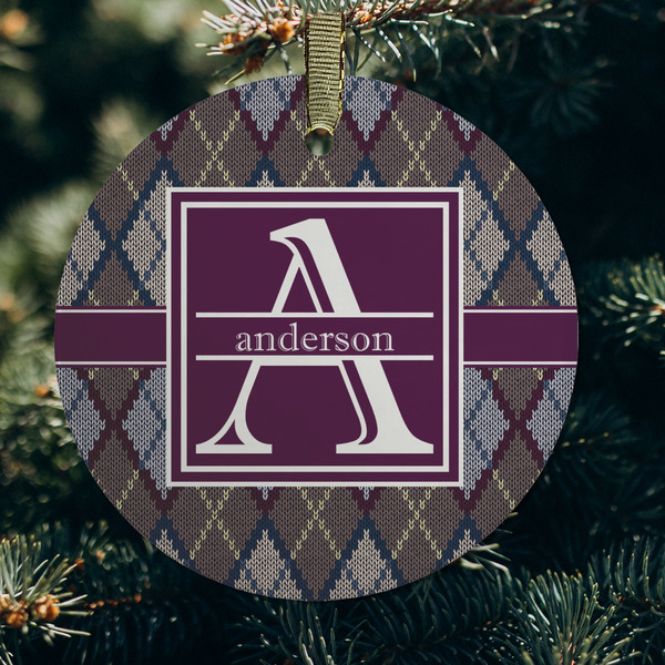 Knit Argyle Frosted Glass Ornament - Round (Lifestyle)