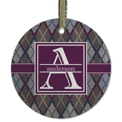 Knit Argyle Flat Glass Ornament - Round w/ Name and Initial
