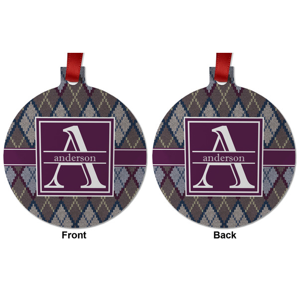 Knit Argyle Metal Ball Ornament - Front and Back