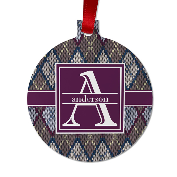 Custom Knit Argyle Metal Ball Ornament - Double Sided w/ Name and Initial